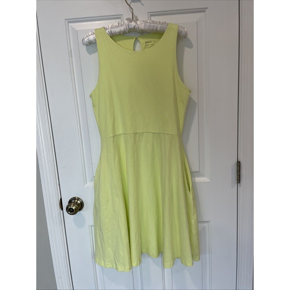 Pact Organic Fit & Flare Womens Dress Large Organic Cotton Stretch Lime Yellow